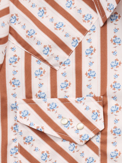 Women's Cowboygirl Ranch Rig Rust Rose Stripe Print Granddaddy Snap Shirt