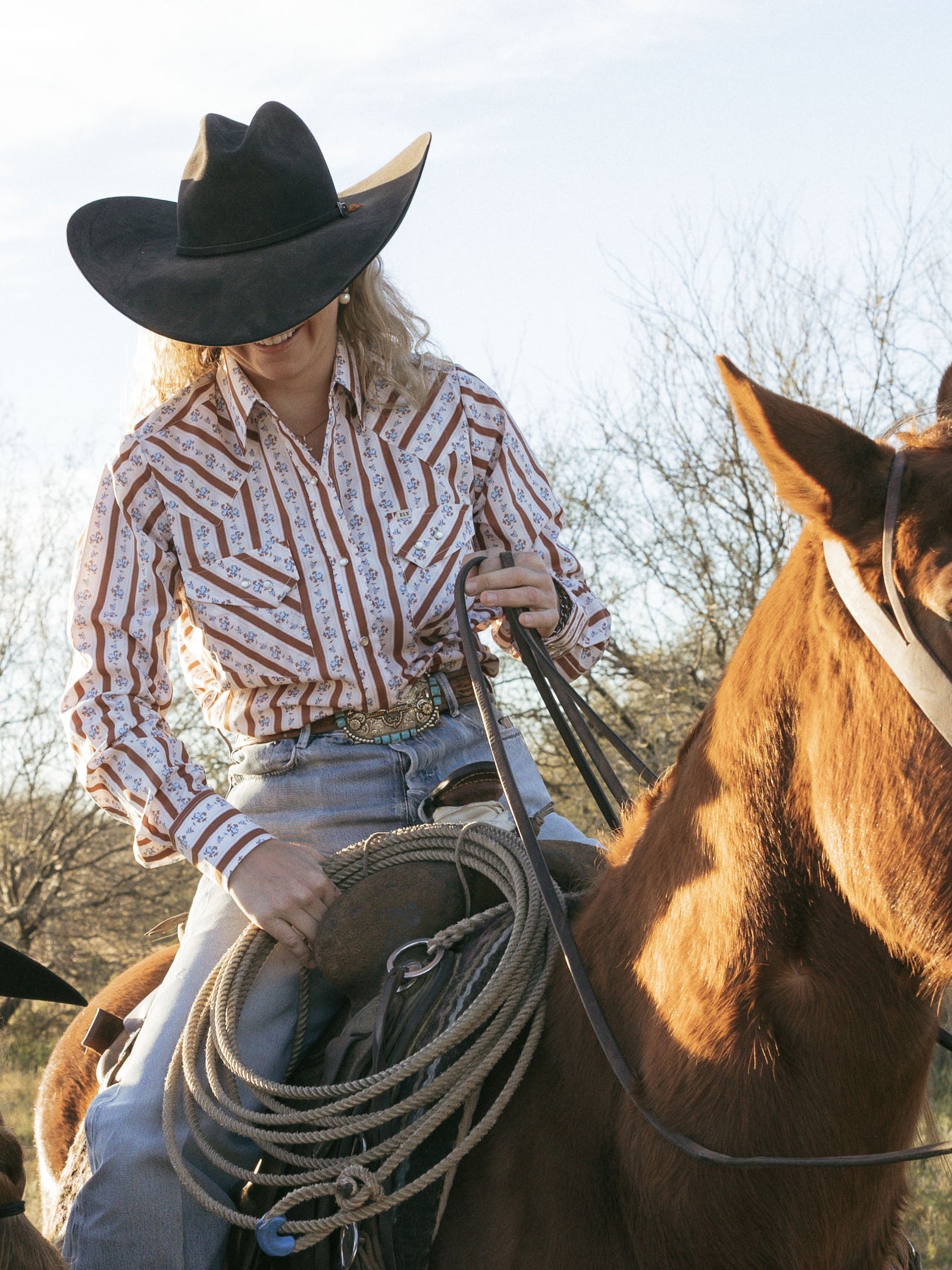Women's Cowboygirl Ranch Rig Rust Rose Stripe Print Granddaddy Snap Shirt