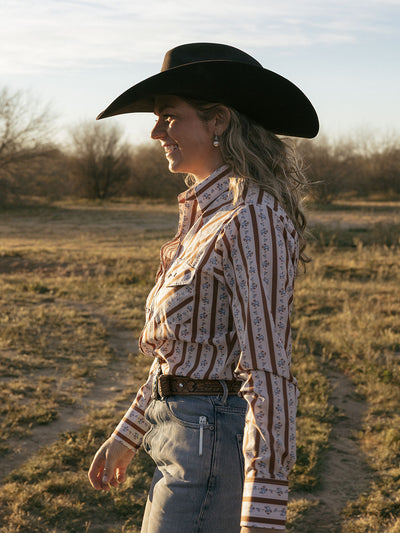 Women's Cowboygirl Ranch Rig Rust Rose Stripe Print Granddaddy Snap Shirt