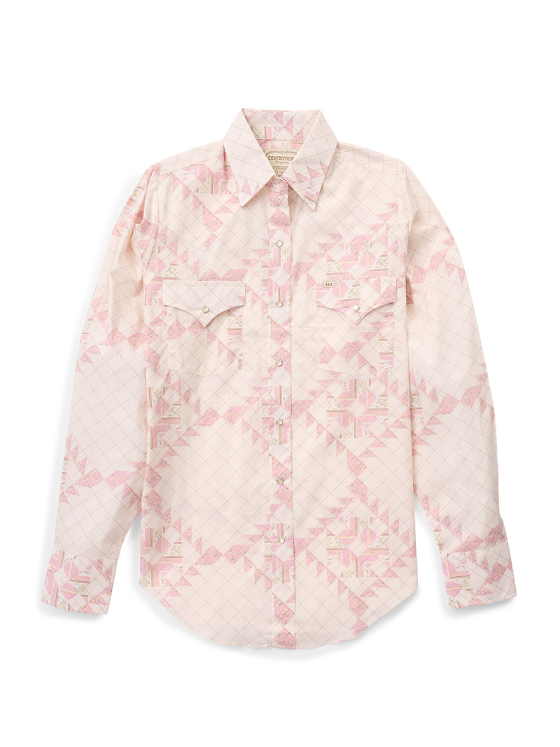 Women's Cowboygirl Blossom Pink Quilt Print Granddaddy Snap Shirt