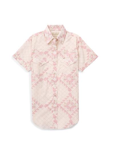 Women's Cowboygirl Blossom Pink Quilt Short Sleeve Granddaddy Snap Shirt
