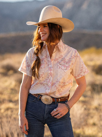 Women's Cowboygirl Blossom Pink Quilt Short Sleeve Granddaddy Snap Shirt