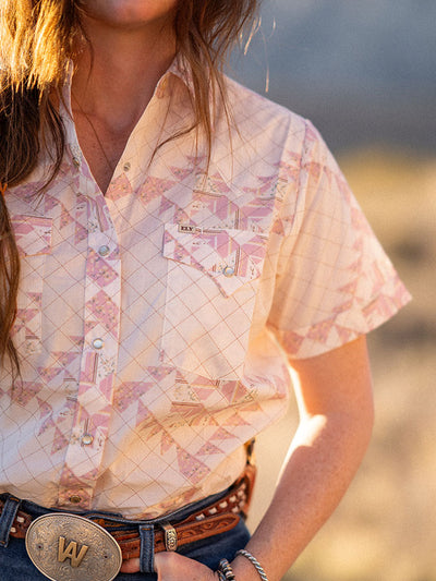 Women's Cowboygirl Blossom Pink Quilt Short Sleeve Granddaddy Snap Shirt