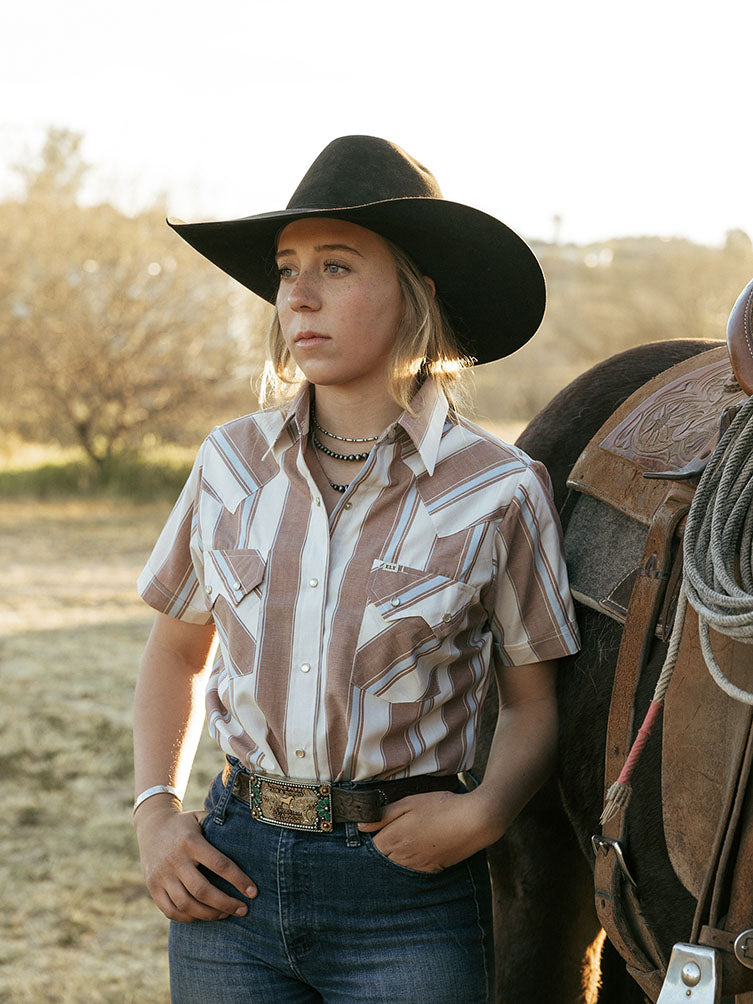 Women's Cowboygirl Ranch Rig Rust Stripe Short Sleeve Granddaddy Snap Shirt