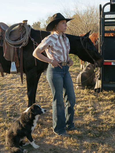 Women's Cowboygirl Ranch Rig Rust Stripe Short Sleeve Granddaddy Snap Shirt