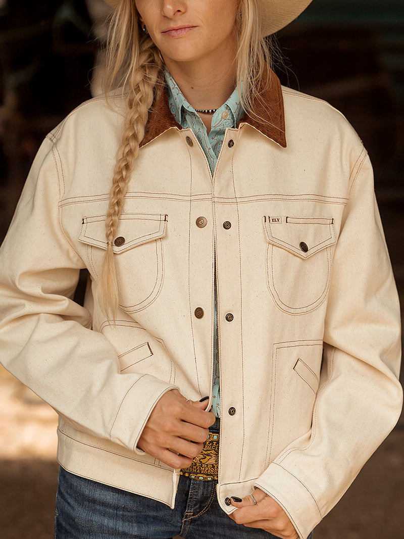 Women's Cowboygirl Ecru Denim Jacket with Corduroy Collar