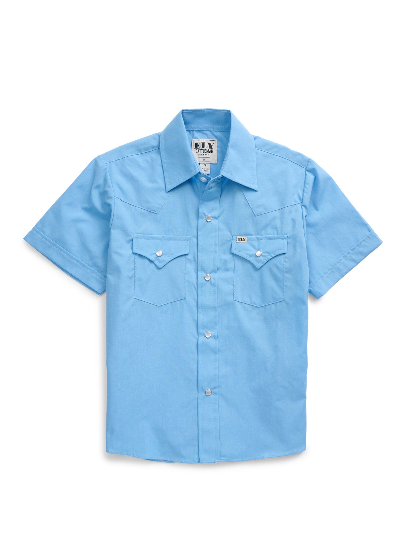 Boy's Ely Cattleman Short Sleeve Solid Light Blue Western Snap Shirt