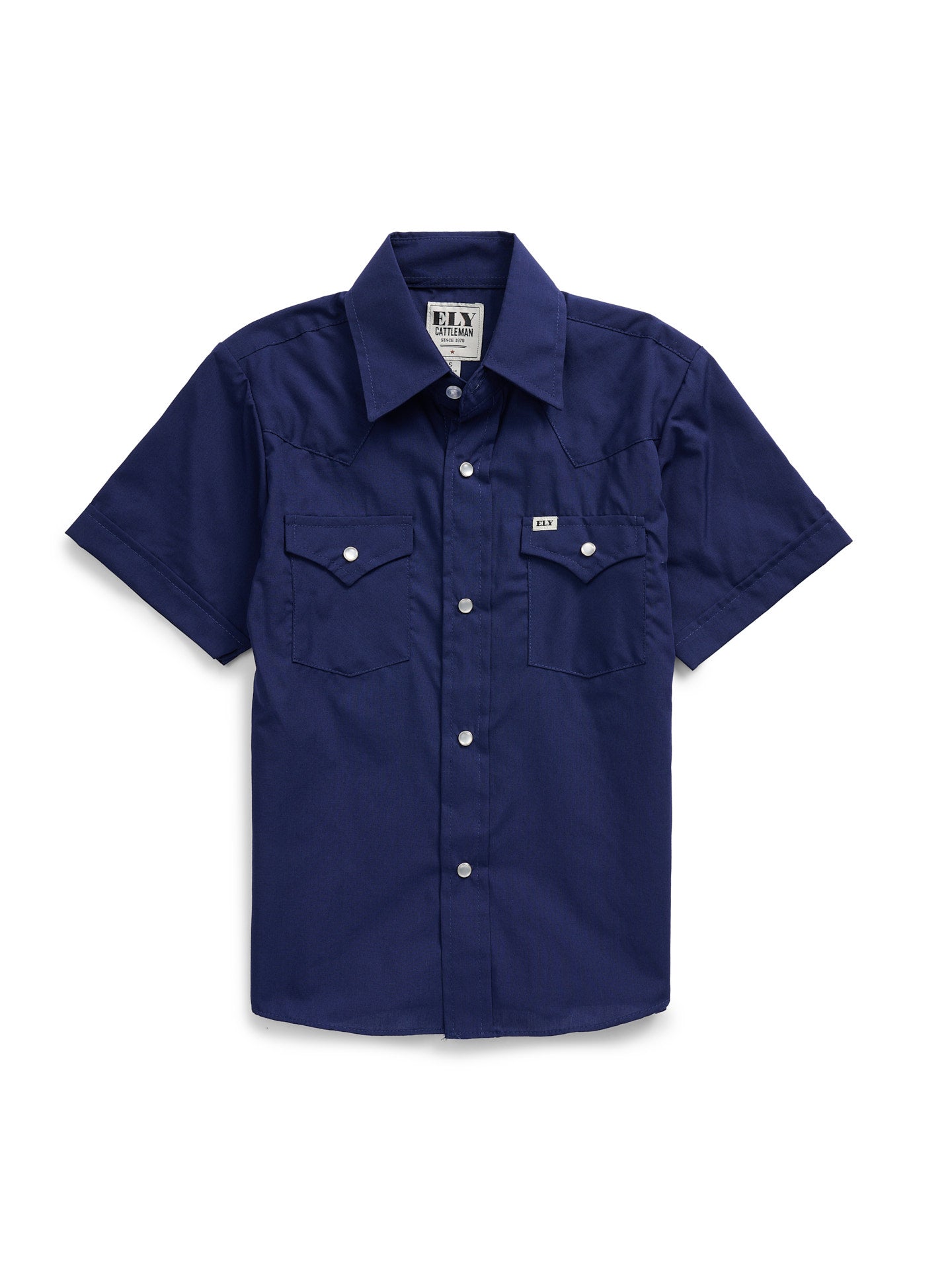 Boy's Ely Cattleman Short Sleeve Solid Navy Western Snap Shirt