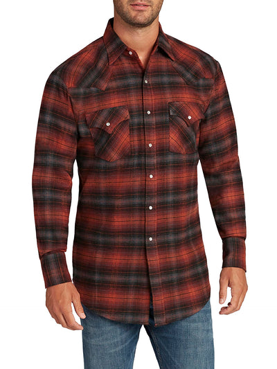 Men's Ely Cattleman Long Sleeve Brawny Flannel Western Snap Shirt- Rust