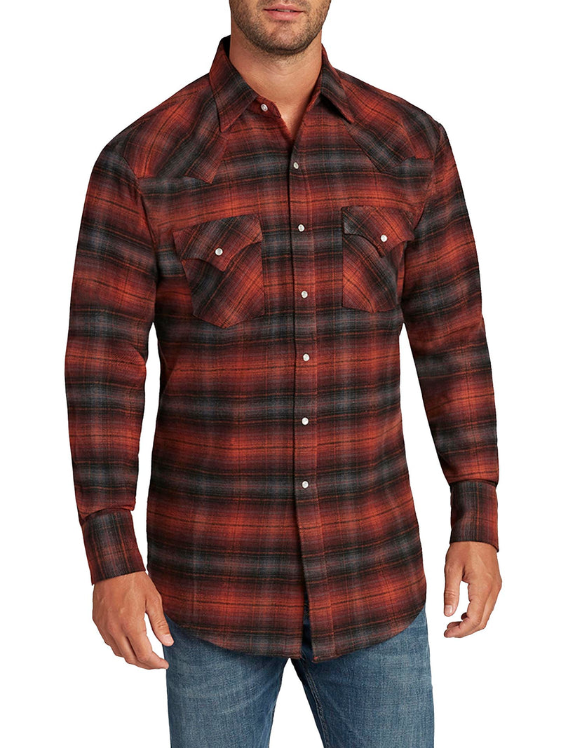 Men's Ely Cattleman Long Sleeve Brawny Flannel Western Snap Shirt- Rust