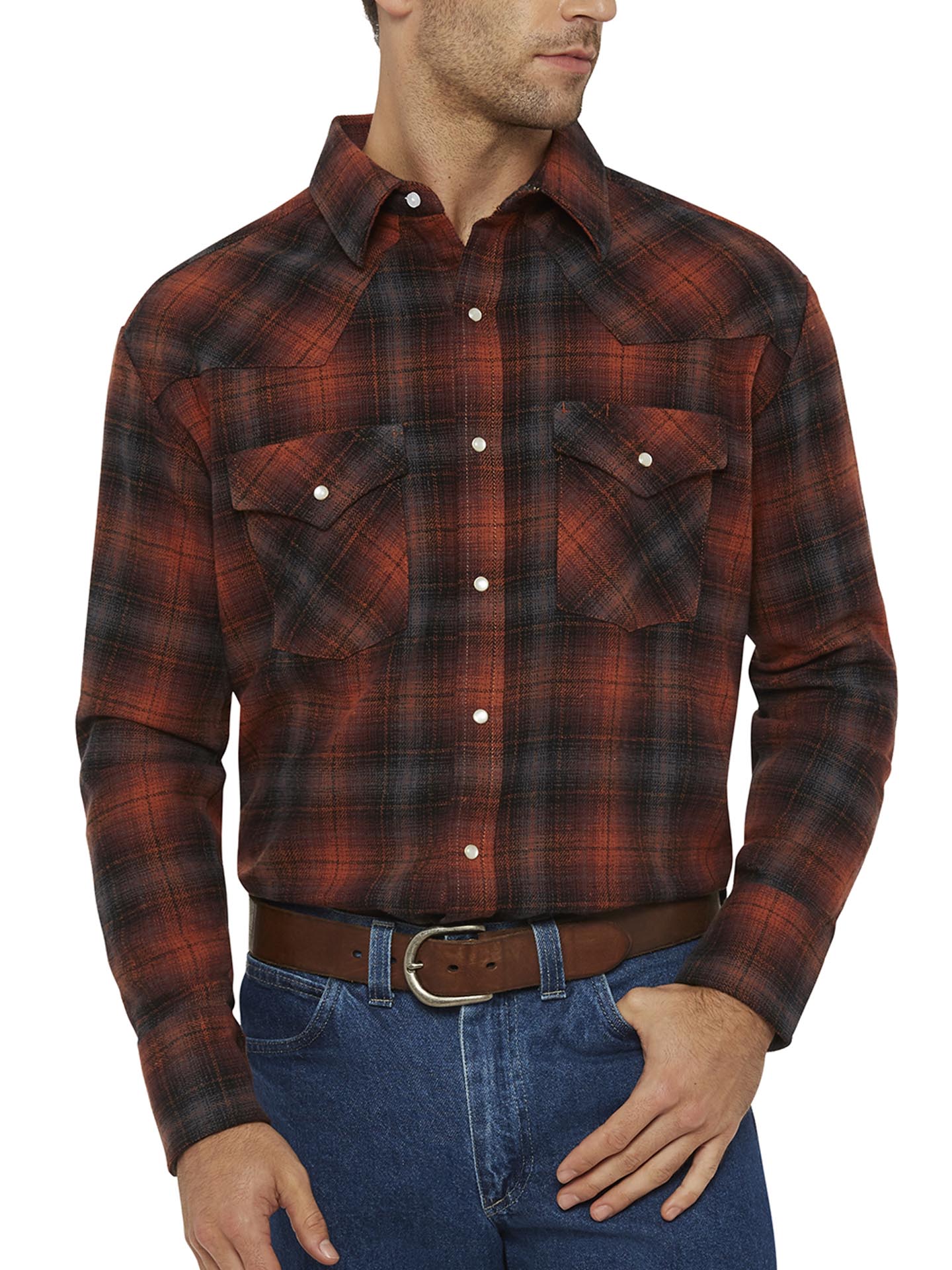 Men's Ely Cattleman Long Sleeve Brawny Flannel Western Snap Shirt- Rust