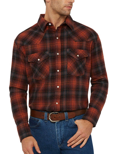 Men's Ely Cattleman Long Sleeve Brawny Flannel Western Snap Shirt- Rust