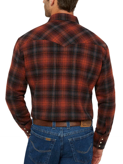Men's Ely Cattleman Long Sleeve Brawny Flannel Western Snap Shirt- Rust