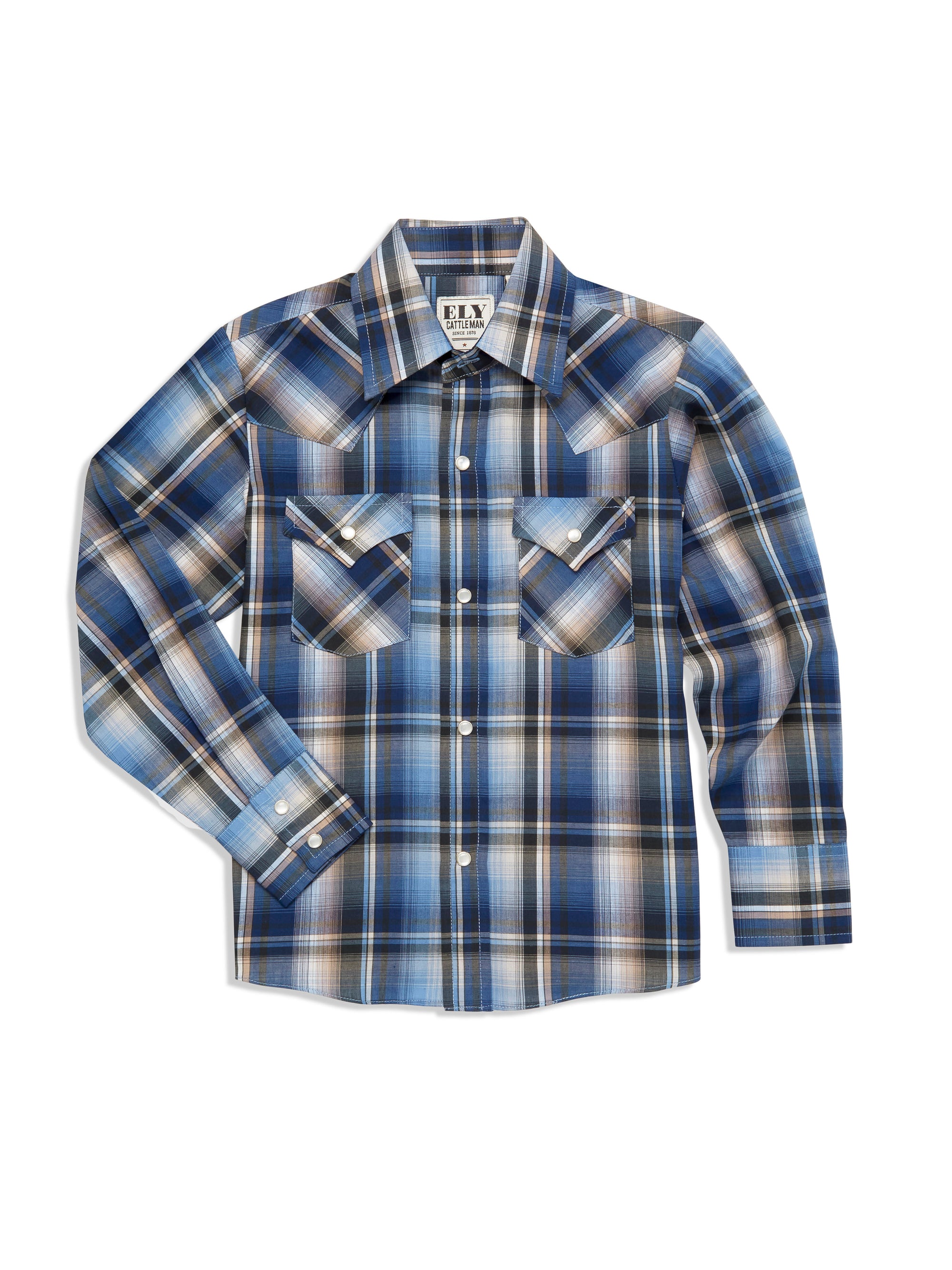 Boy's Ely Cattleman Long Sleeve Ombre Plaid Western Snap Shirt- Blue & Rust