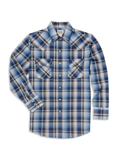 Men's Ely Cattleman Long Sleeve Ombre Plaid Western Snap Shirt- Blue & Rust