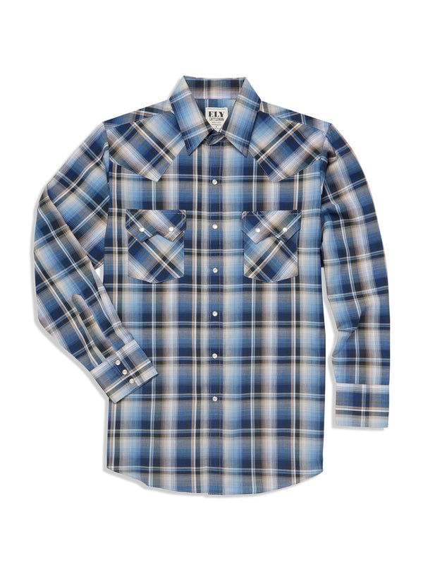 Men's Ely Cattleman Long Sleeve Ombre Plaid Western Snap Shirt- Blue &