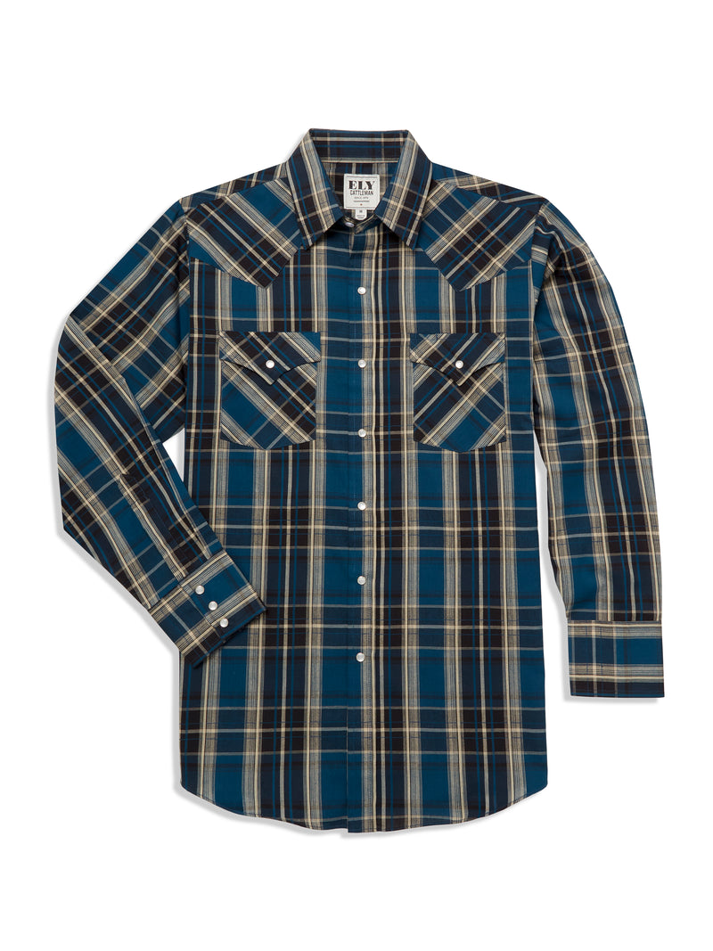 Men's Ely Cattleman Long Sleeve Textured Plaid Western Snap Shirt- Blue & Teal