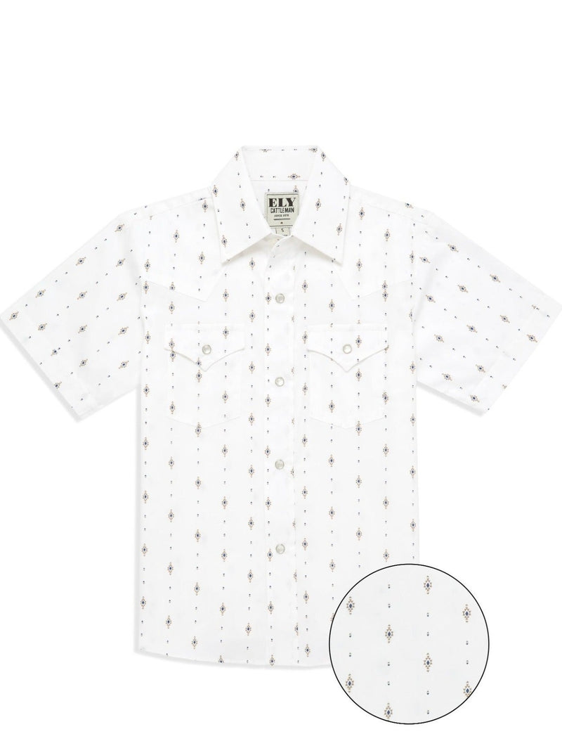 Boy's Ely Cattleman Short Sleeve Diamond Aztec Print Snap Shirt- Navy & White