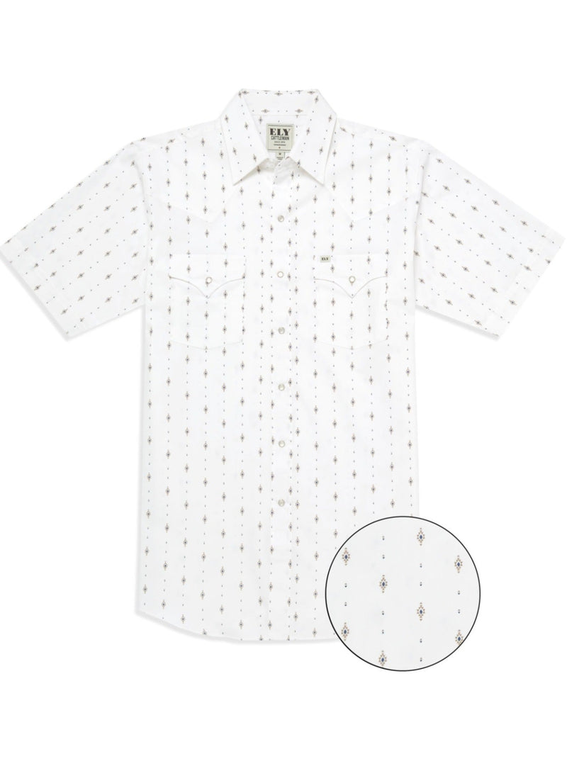 Men's Ely Cattleman Short Sleeve Diamond Aztec Print Western Snap Shirt- Navy & White