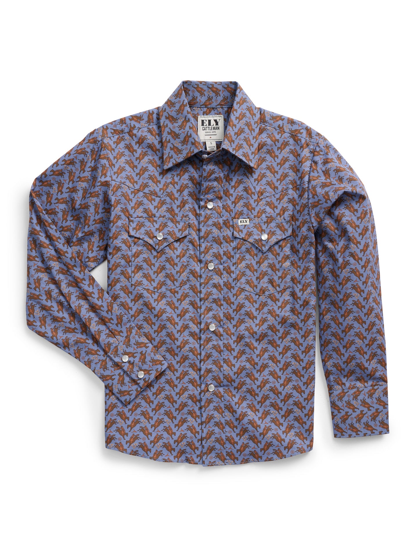 Boy's Ely Cattleman Long Sleeve Cowboy Print Snap Shirt- Denim Blue
