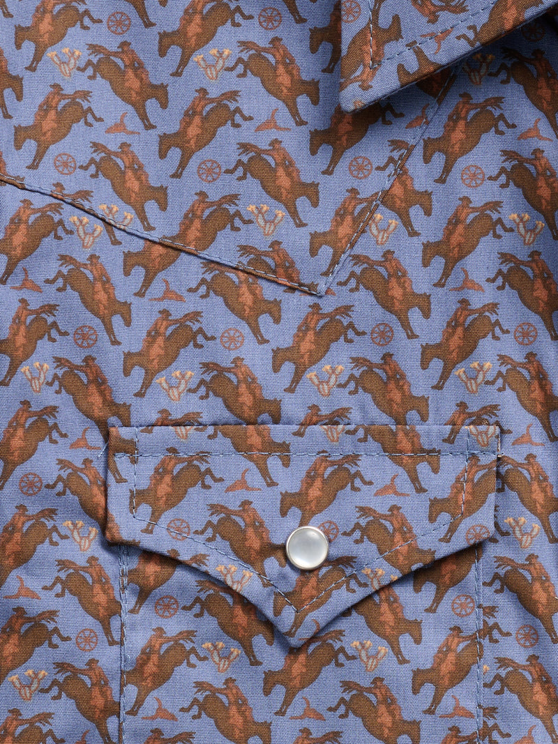 Boy's Ely Cattleman Long Sleeve Cowboy Print Snap Shirt- Denim Blue