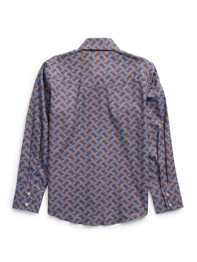 Boy's Ely Cattleman Long Sleeve Cowboy Print Snap Shirt- Denim Blue