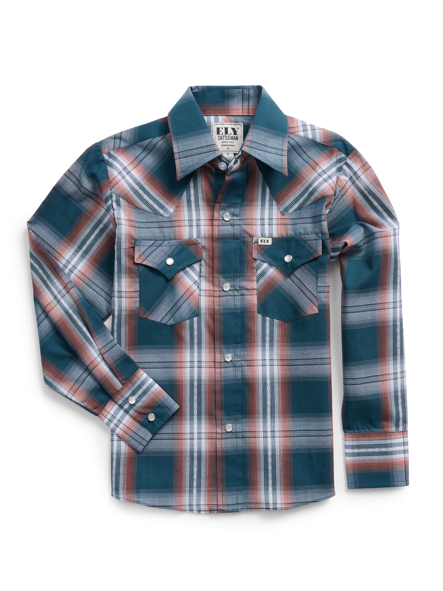 Boy's Ely Cattleman Long Sleeve Textured Plaid Western Snap Shirt-Teal