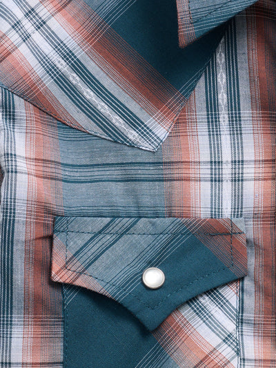 Boy's Ely Cattleman Long Sleeve Textured Plaid Western Snap Shirt-Teal