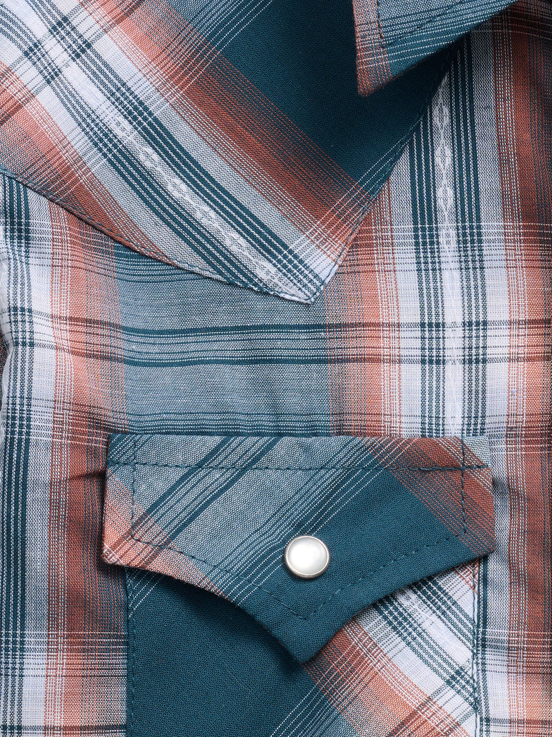 Boy's Ely Cattleman Long Sleeve Textured Plaid Western Snap Shirt-Teal