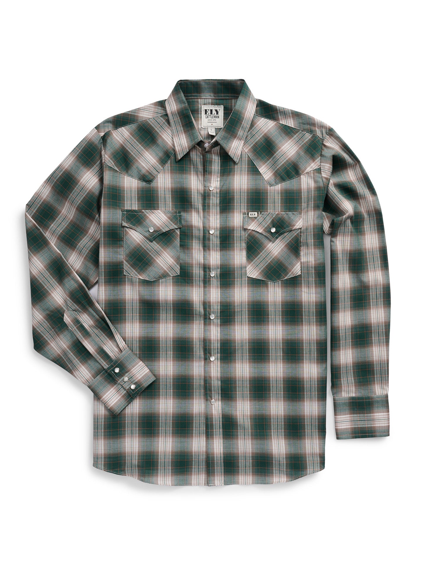 Men's Ely Cattleman Long Sleeve Textured Plaid Western Snap Shirt- Green