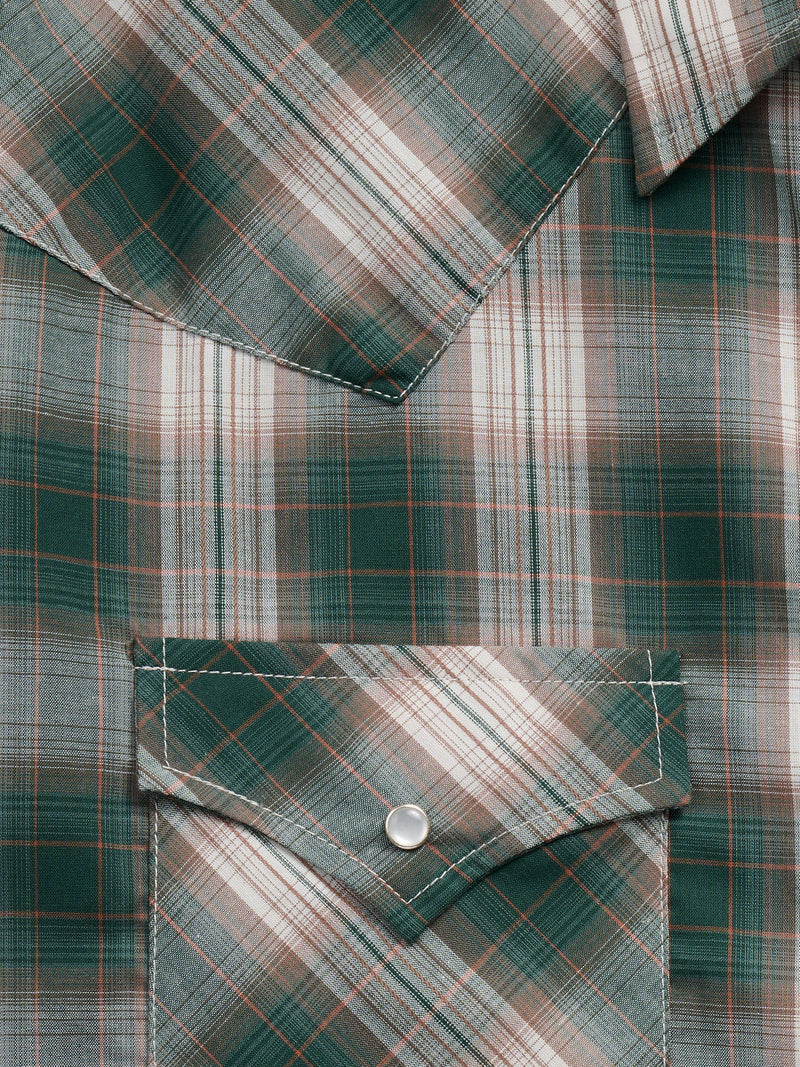 Men's Ely Cattleman Long Sleeve Textured Plaid Western Snap Shirt- Green