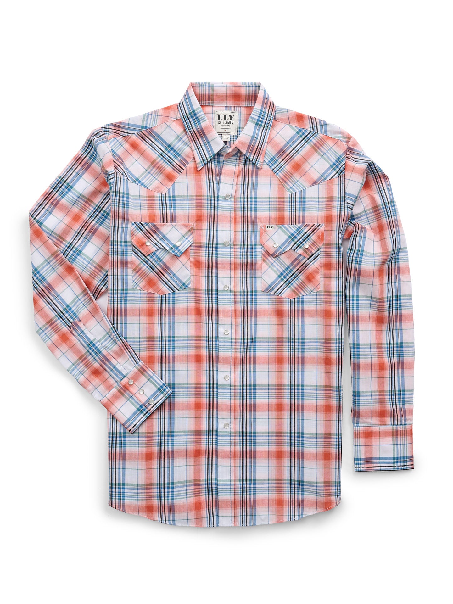 Men's Ely Cattleman Long Sleeve Textured Plaid Western Snap Shirt- Melon