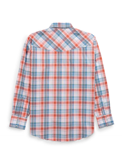 Men's Ely Cattleman Long Sleeve Textured Plaid Western Snap Shirt- Melon