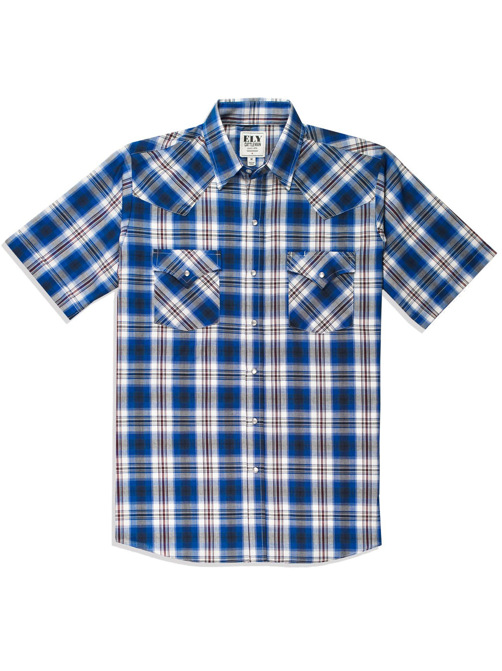 Chemise Western Homme Ely Cattleman – Carreaux Bleus, Flanelle Avec Boutons Pression Perle