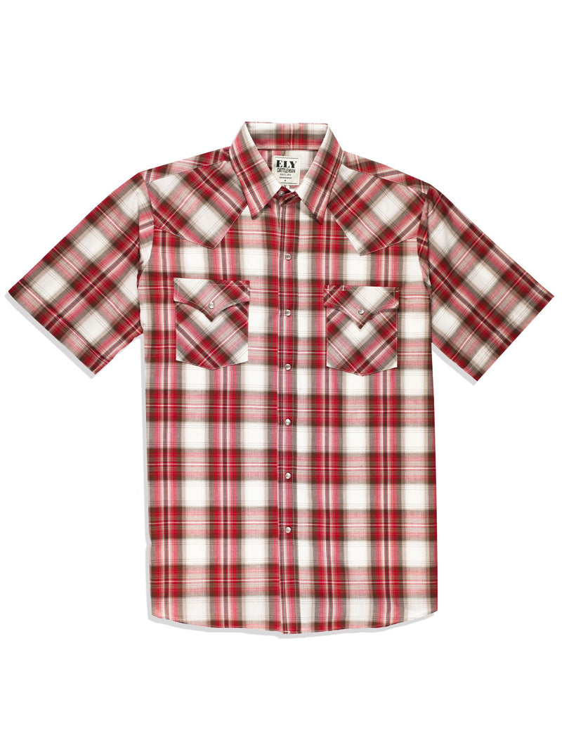 Men's Ely Cattleman Short Sleeve Plaid Western Snap Shirt