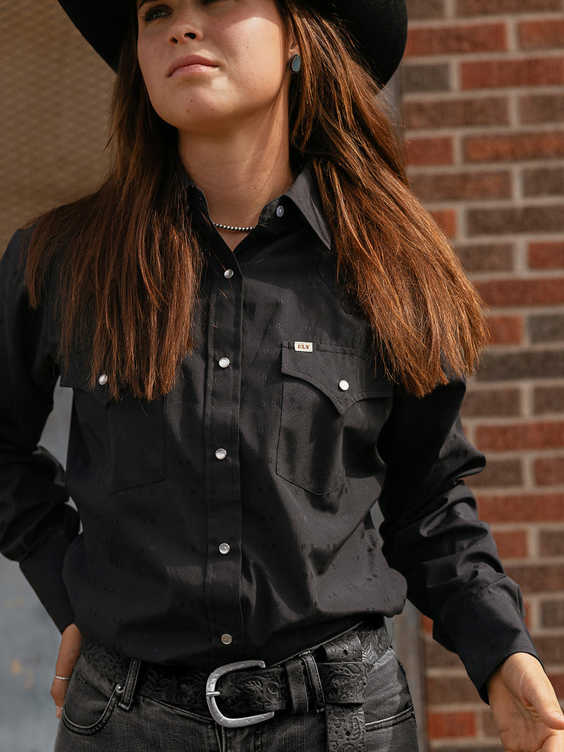 Women's Cowboygirl Black Solid Tonal Dobby Granddaddy Snap Shirt