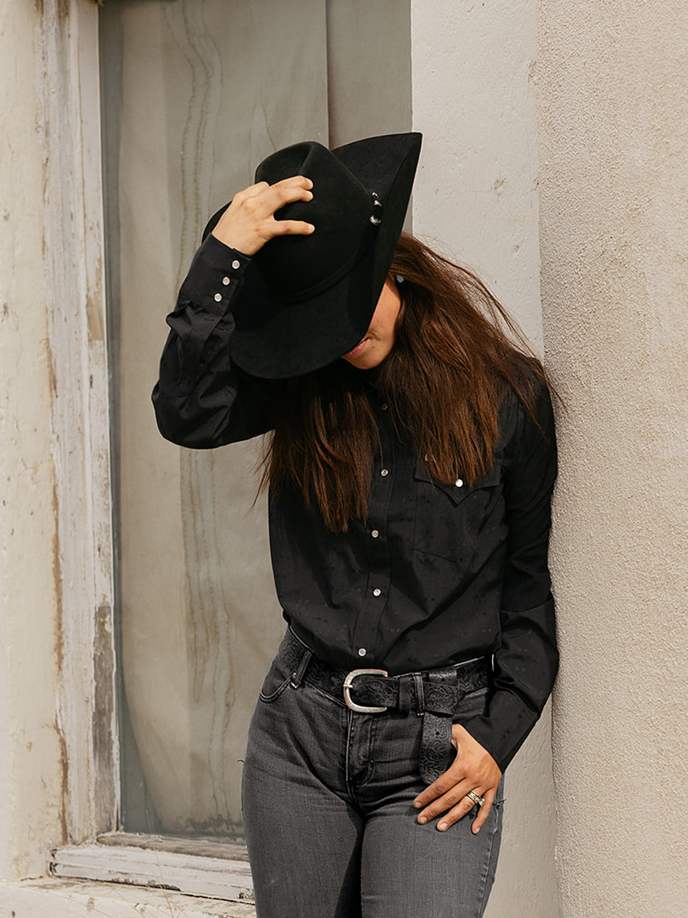 Women's Cowboygirl Black Solid Tonal Dobby Granddaddy Snap Shirt