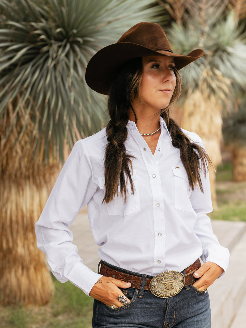 Women's Cowboygirl White Solid Tonal Dobby Granddaddy Snap Shirt