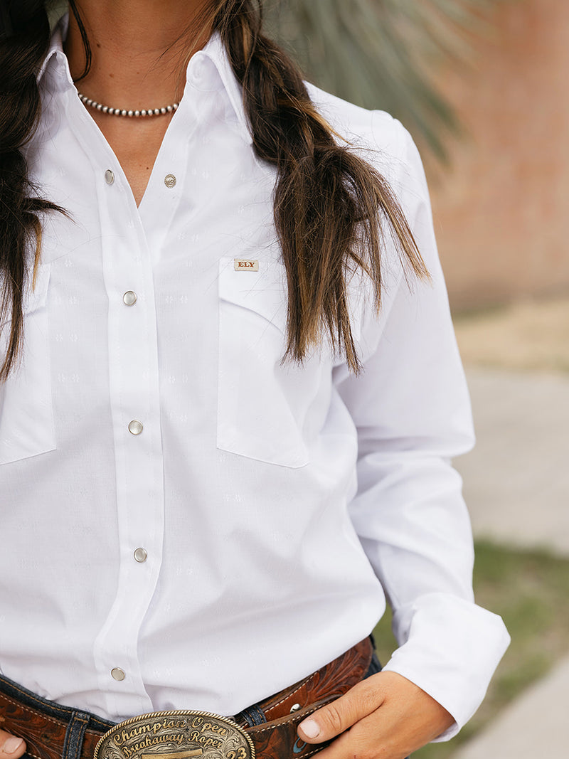 Women's Cowboygirl White Solid Tonal Dobby Granddaddy Snap Shirt