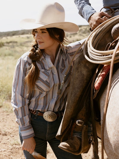 Women's Cowboygirl Ecru & Cowboy Blue Striped Granddaddy Snap Shirt
