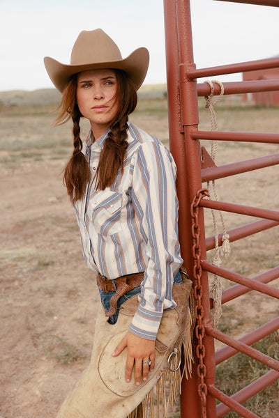 Women's Cowboygirl Ecru & Cowboy Blue Striped Granddaddy Snap Shirt