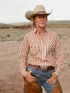 Women's Cowboygirl Ranch Rig Rust Horseshoe Striped Print Granddaddy Snap Shirt