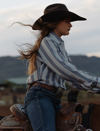 Women's Cowboygirl Ecru & Cowboy Blue Striped Granddaddy Snap Shirt