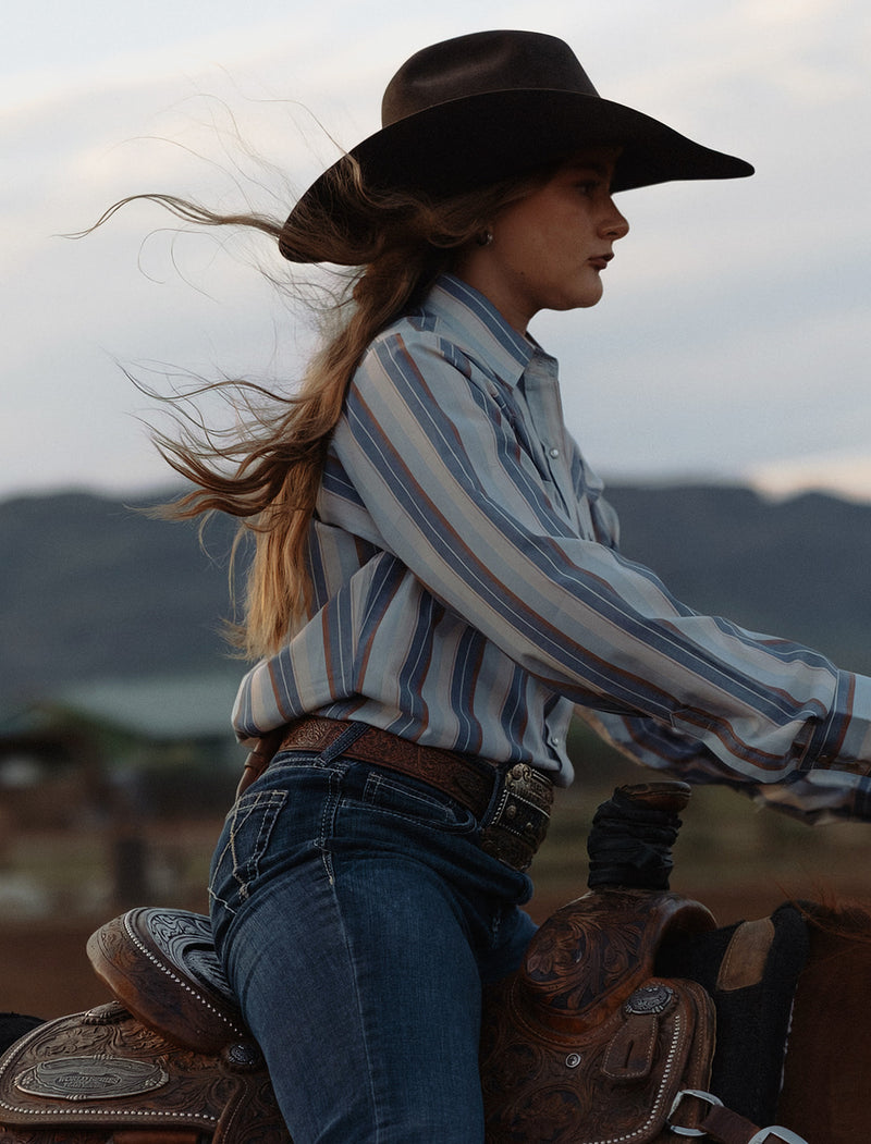 Women's Cowboygirl Ecru & Cowboy Blue Striped Granddaddy Snap Shirt