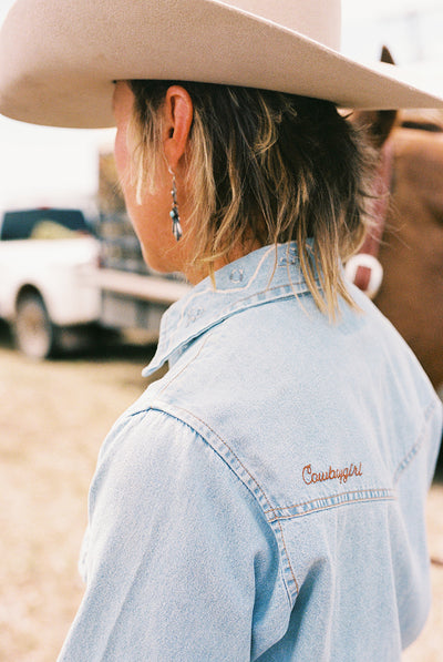 Women's Cowboygirl Light Wash Denim Shirt with Embroidery
