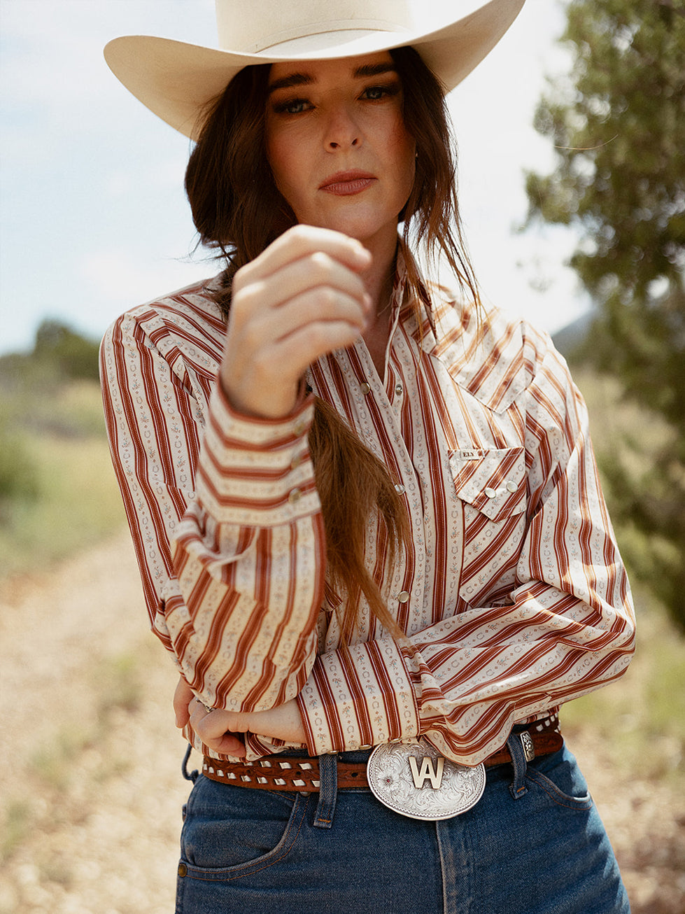 Women's Cowboygirl Ranch Rig Rust Horseshoe Striped Print Granddaddy Snap Shirt