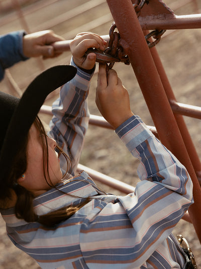 Girl's Cowboygirl Ecru & Cowboy Blue Striped Granddaddy Western Snap Shirt