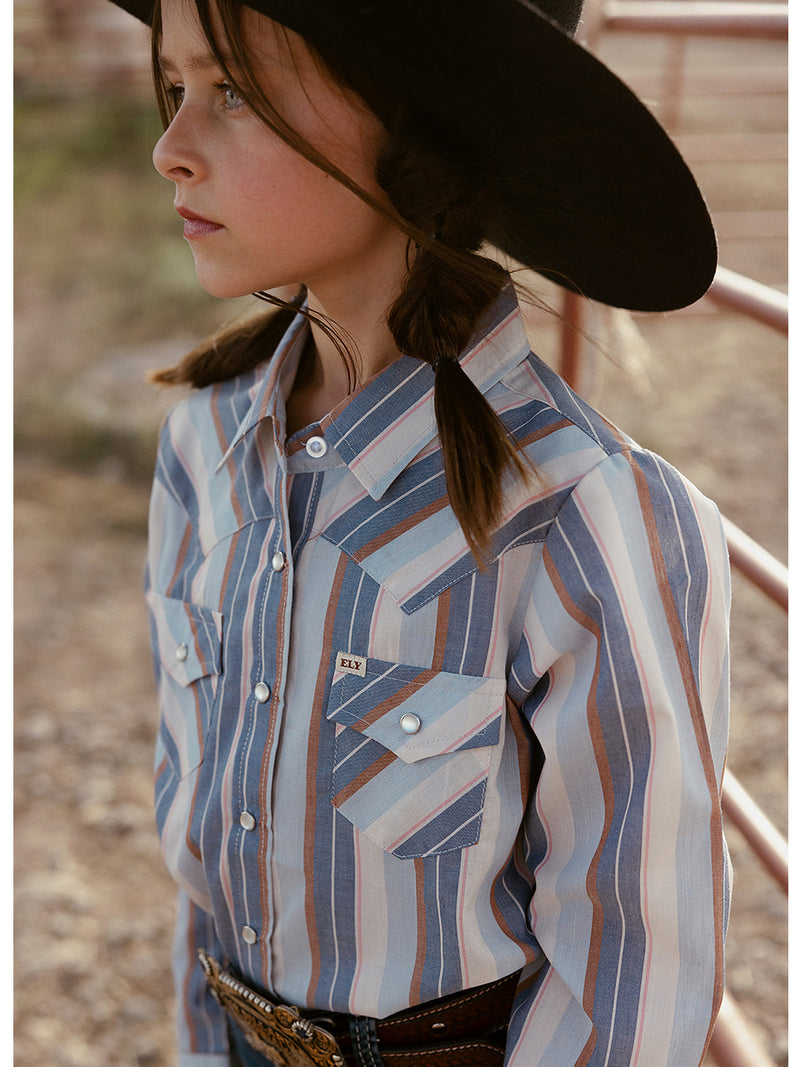 Girl's Cowboygirl Ecru & Cowboy Blue Striped Granddaddy Western Snap Shirt