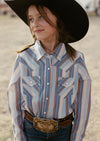 Girl's Cowboygirl Ecru & Cowboy Blue Striped Granddaddy Western Snap Shirt