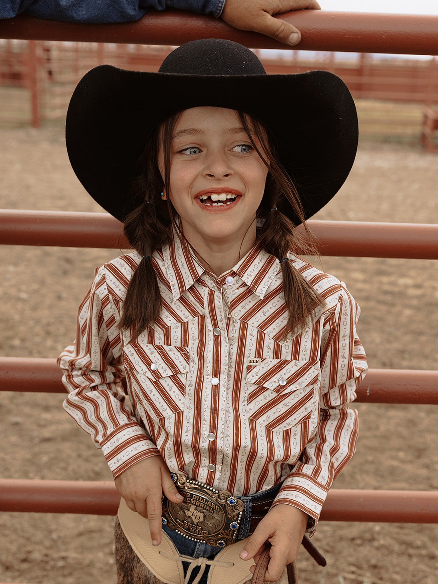 Girl's Cowboygirl Rust Horseshoe Striped Print Granddaddy Western Snap Shirt